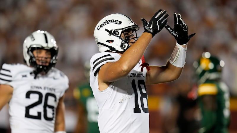 Iowa State tight end Benjamin Brahmer (18) celebrates after catching a touchdown pass during...