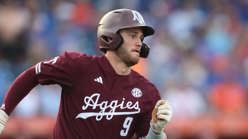 Texas A&M utility Gavin Grahovac (9) runs to first during an NCAA baseball game against...