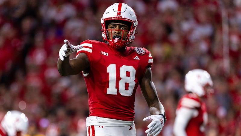 Nebraska wide receiver Isaiah Neyor (18) lines up for a play during the first half of an NCAA...