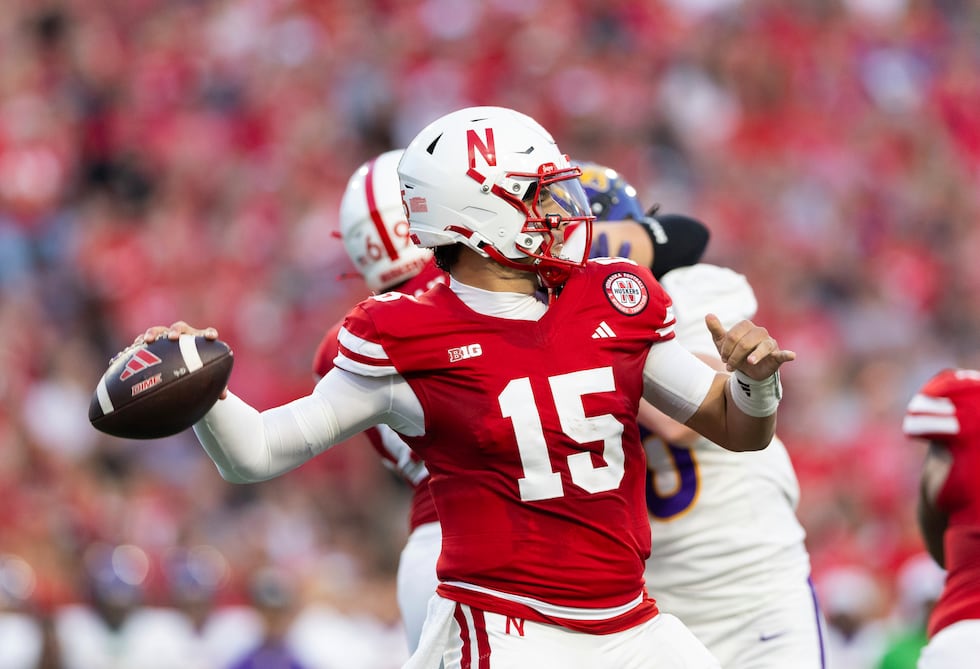 Nebraska quarterback Dylan Raiola (15) passes the ball against Northern Iowa during the first...
