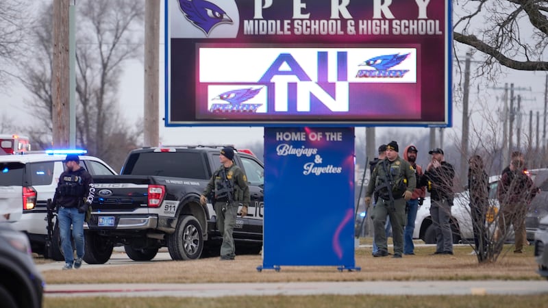 Police respond to Perry High School in Perry, Iowa., Thursday, Jan. 4, 2024. Police say there...
